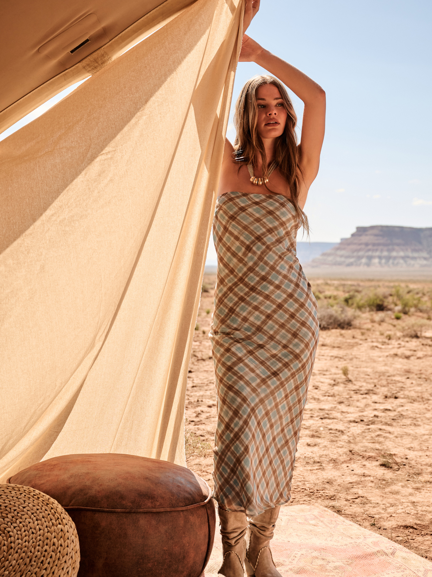 Gia Strapless Maxi Dress in Blue & Brown | Altar'd State