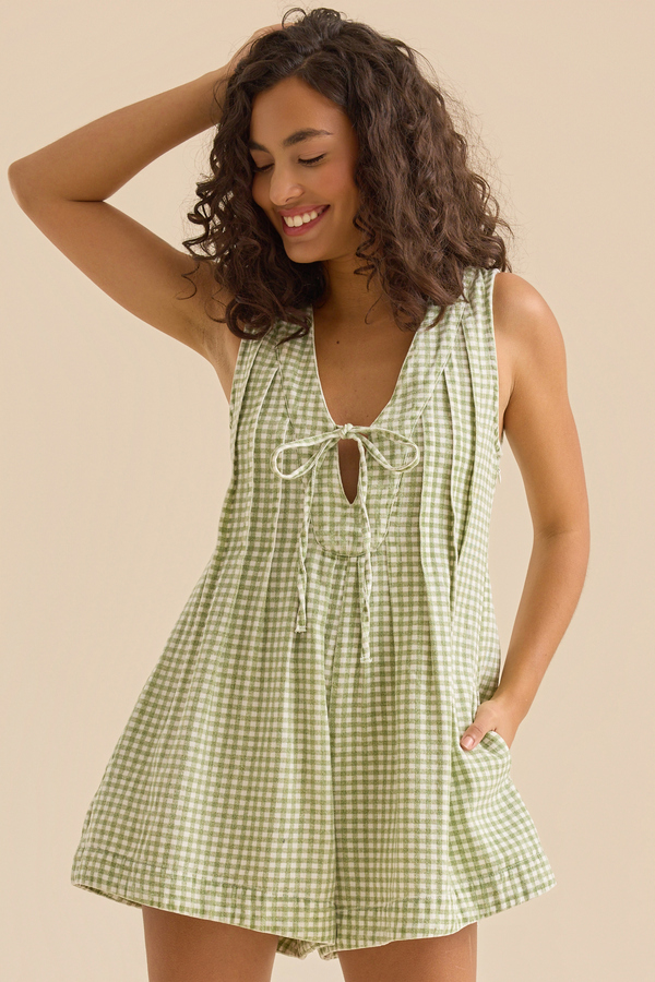 Evie Gingham Denim Romper Detail 3 - Altar'd State