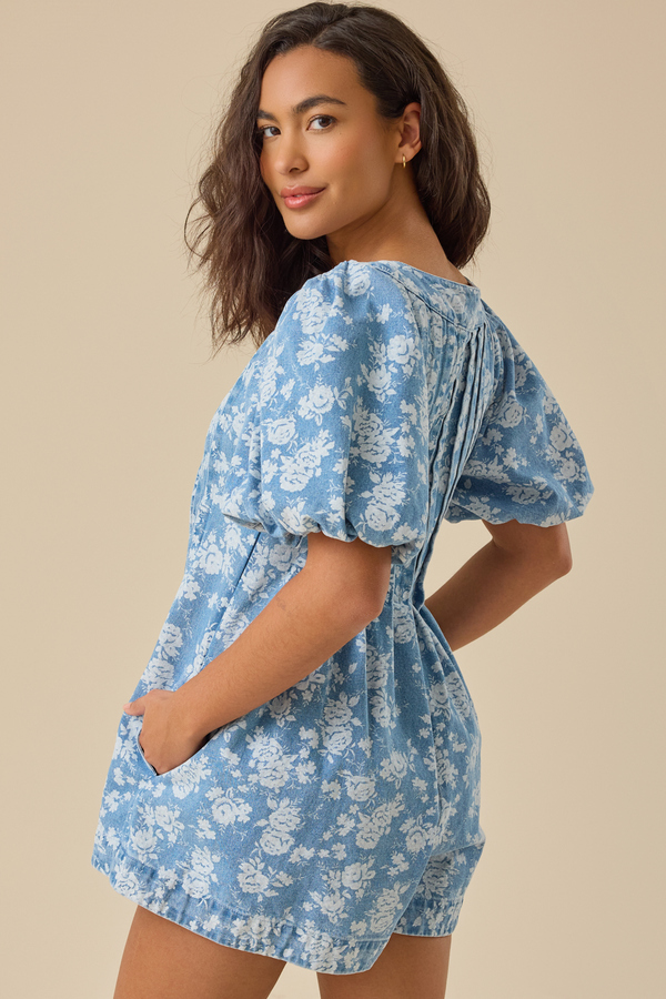 Evie Puff Sleeve Denim Romper Detail 5 - Altar'd State