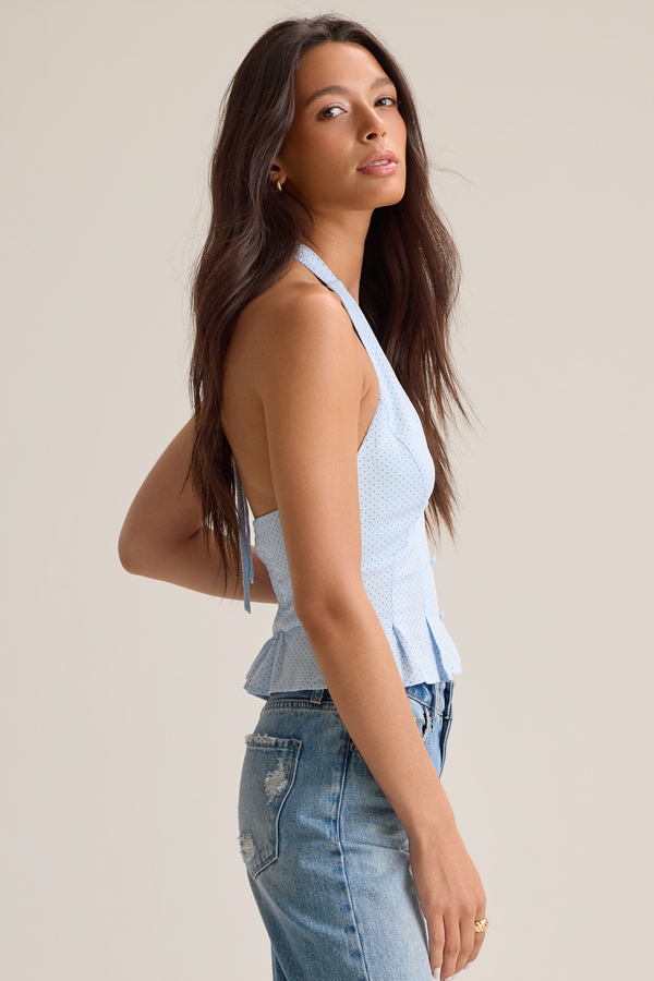 Mirabella Dot Halter Button Up Tank Detail 5 - Altar'd State