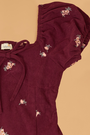 Peony Flower Embroidered Corduroy Puff Sleeve Dress - Altar'd State - 