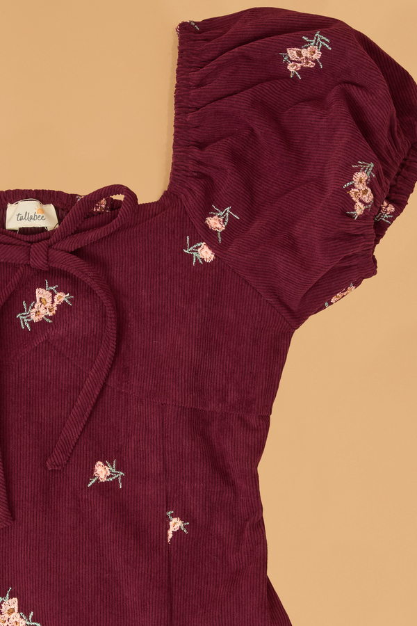 Peony Flower Embroidered Corduroy Puff Sleeve Dress Detail 2 - Altar'd State