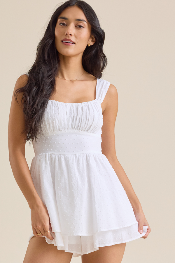 green emerald velvet dress Happier Than Ever Smocked Ruffled Romper- Ivory Medium main image 0