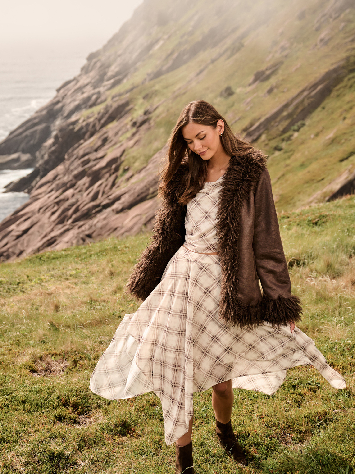 Marin Plaid Handkerchief Midi Skirt in Brown & White | Altar'd State
