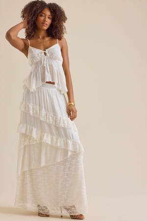 Evangeline Asymmetrical Tiered Maxi Skirt in Ivory | Altar'd State