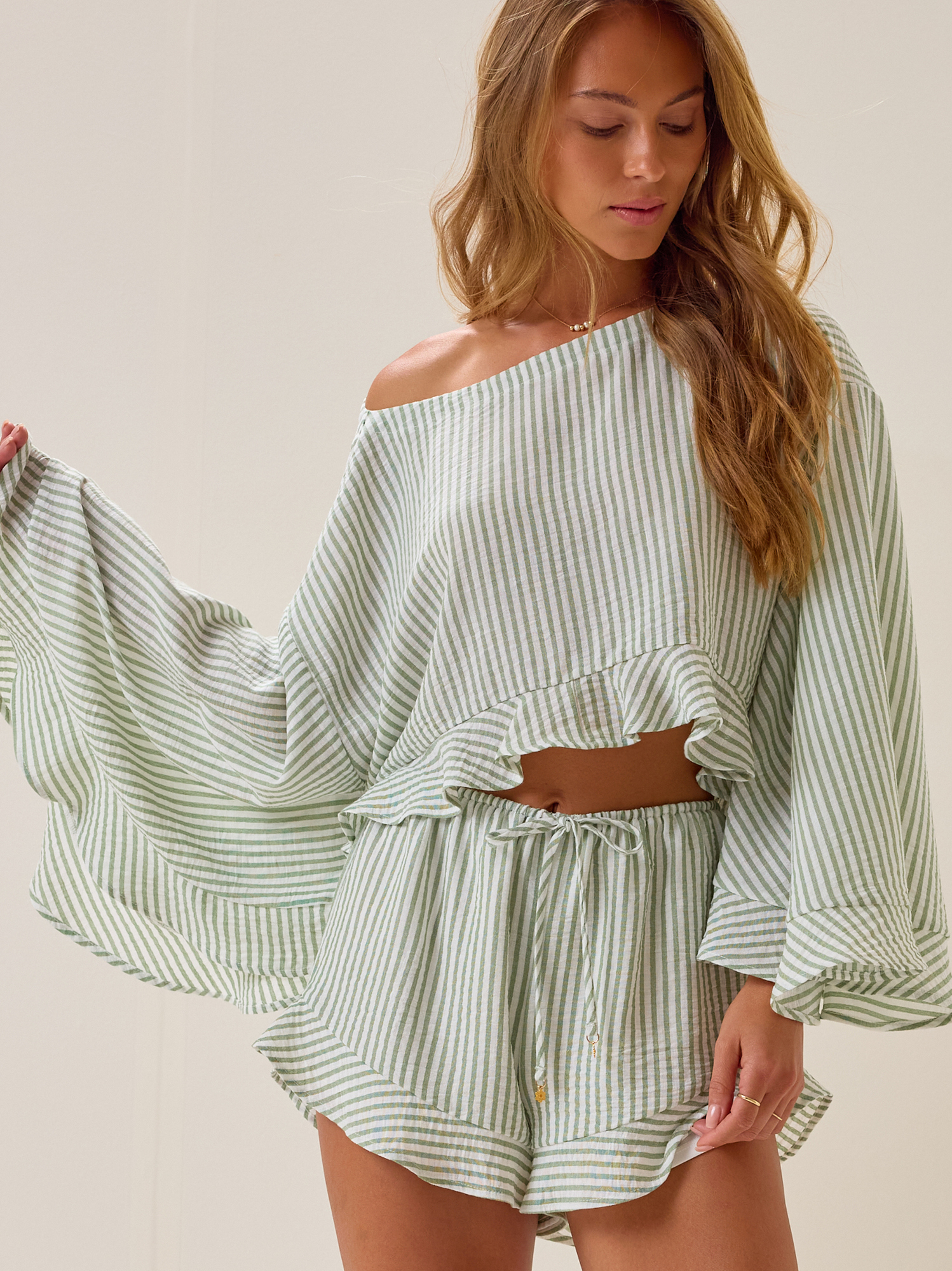 Elliann Stripe Shorts in Green & Ivory | Altar'd State