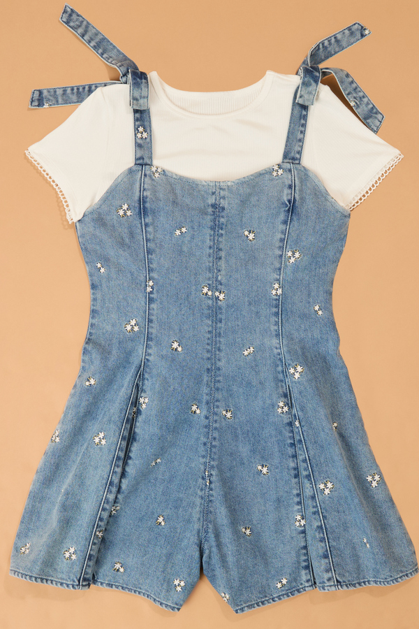 Jane Embroidered Denim Romper and Tee Set - Altar'd State