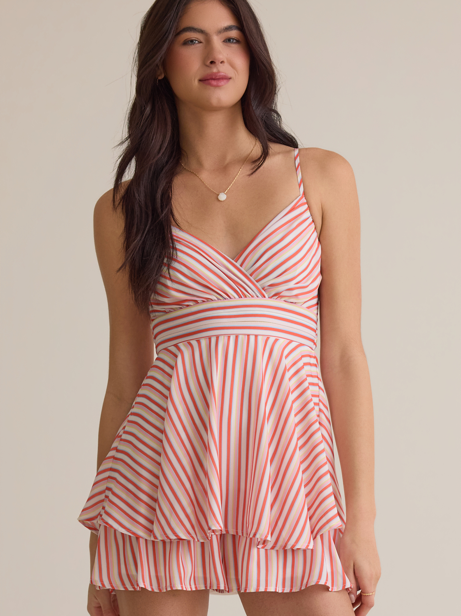 Lainey Stripe Romper in Coral | Altar'd State
