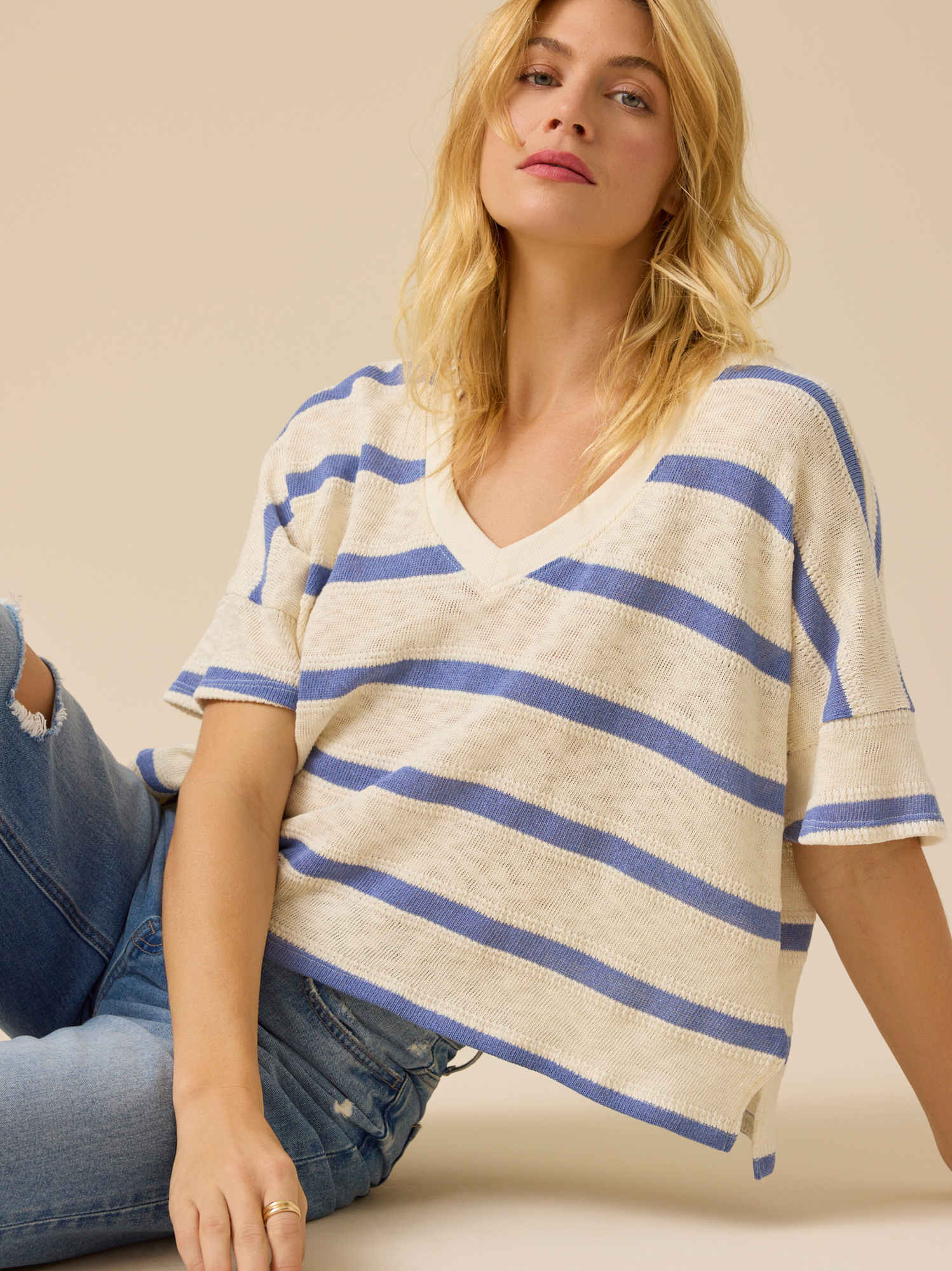 Dylan Striped V-Neck Top in Ivory & Blue | Altar'd State