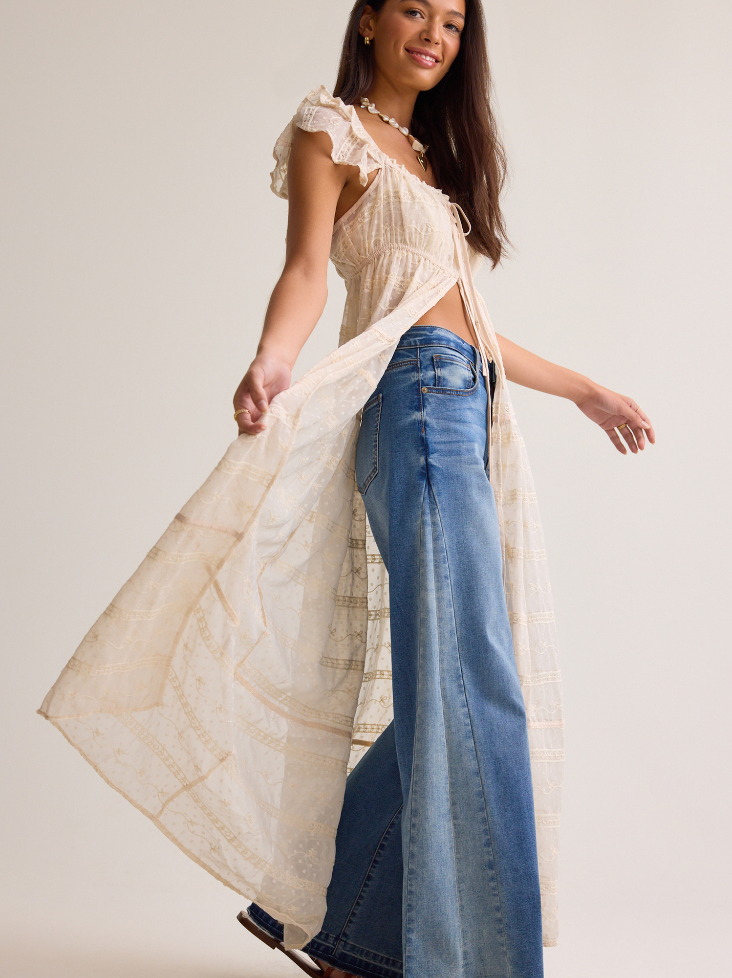エルンスト【Le Kimono】 Cleo Tie Front Long Kimono in Ivory