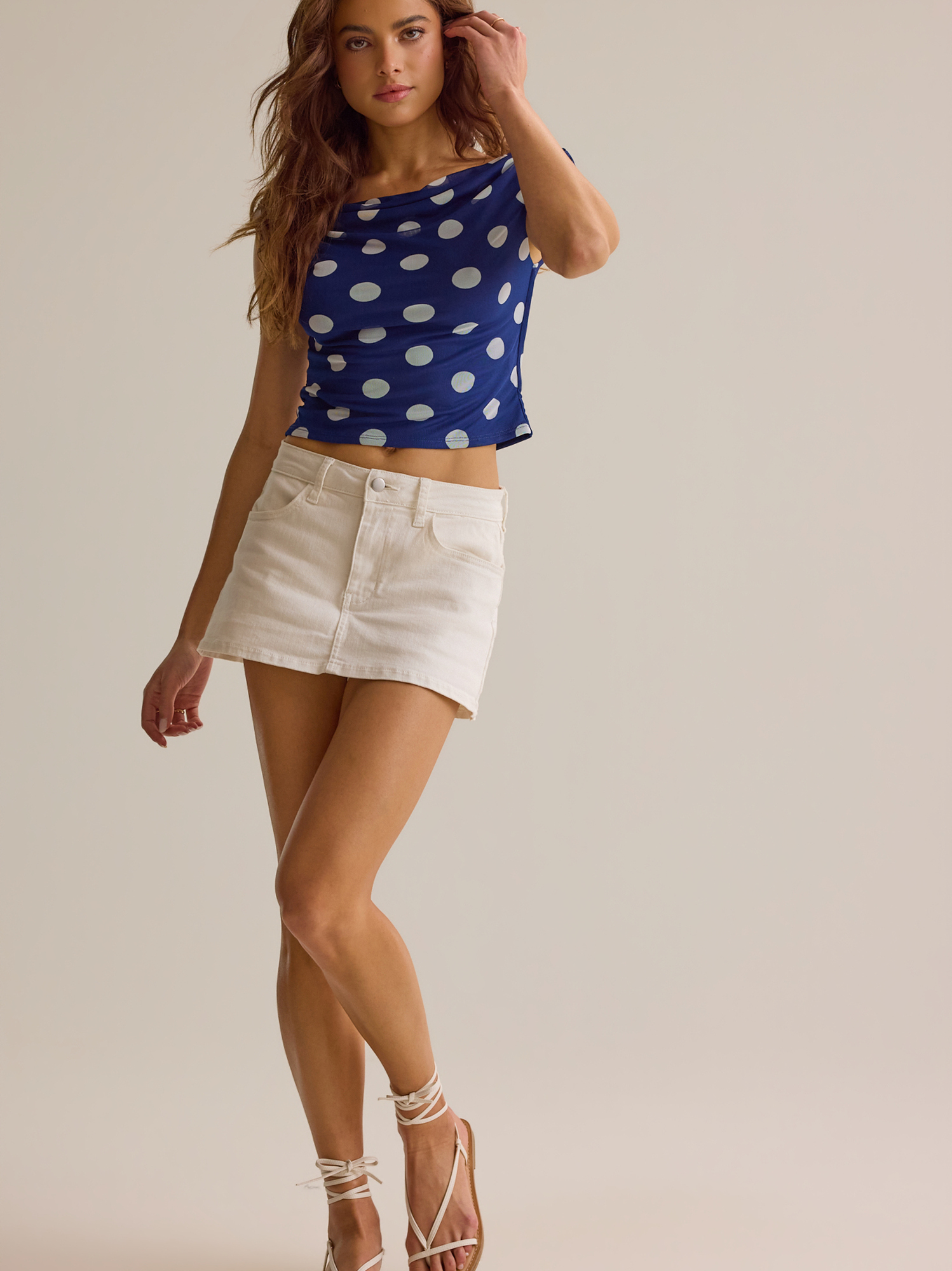 Nola Off-Shoulder Dot Top in Navy & Ivory | Altar'd State