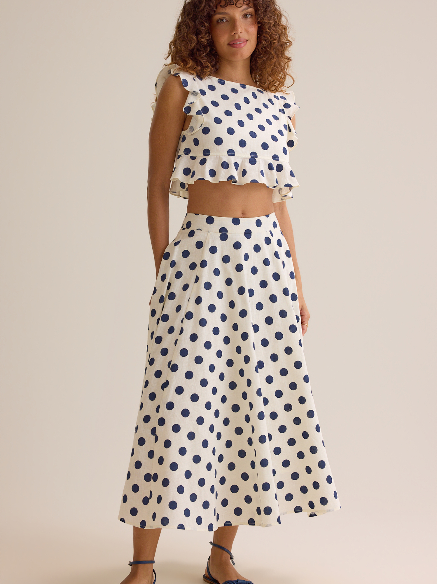 Billie Polka Dot Linen Midi Skirt in Ivory & Navy | Altar'd State