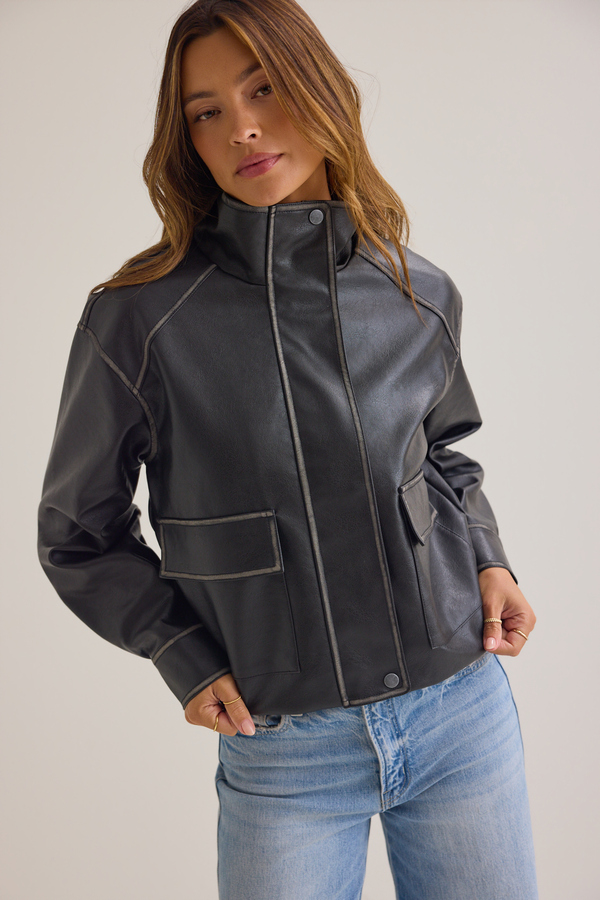 Liza Distressed Faux Leather Bomber Jacket Detail 2 - Altar'd State