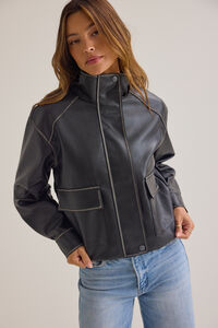 Liza Distressed Faux Leather Bomber Jacket Detail 2 - Altar'd State