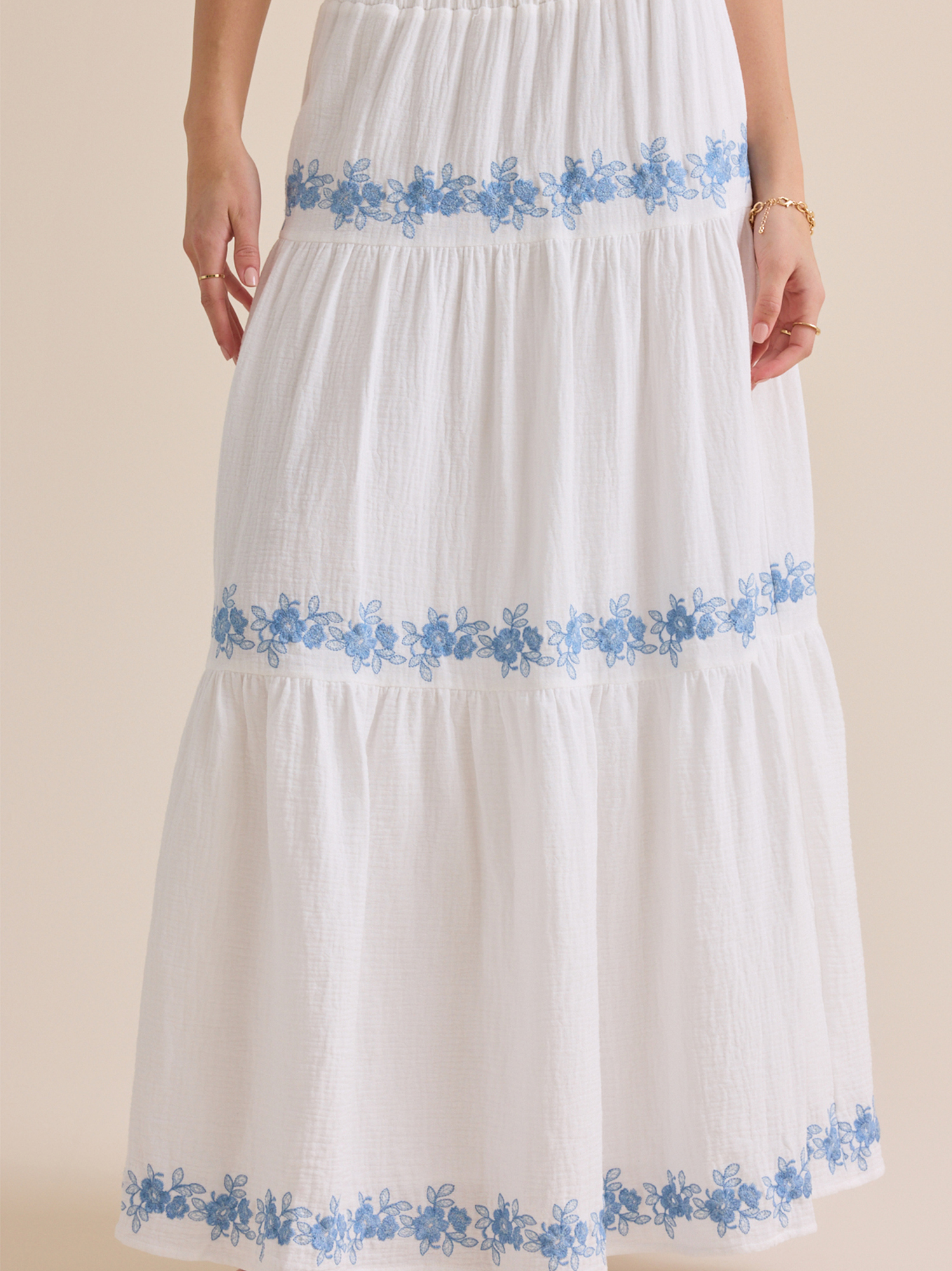 Addy Embroidered Maxi Skirt in White & Blue | Altar'd State
