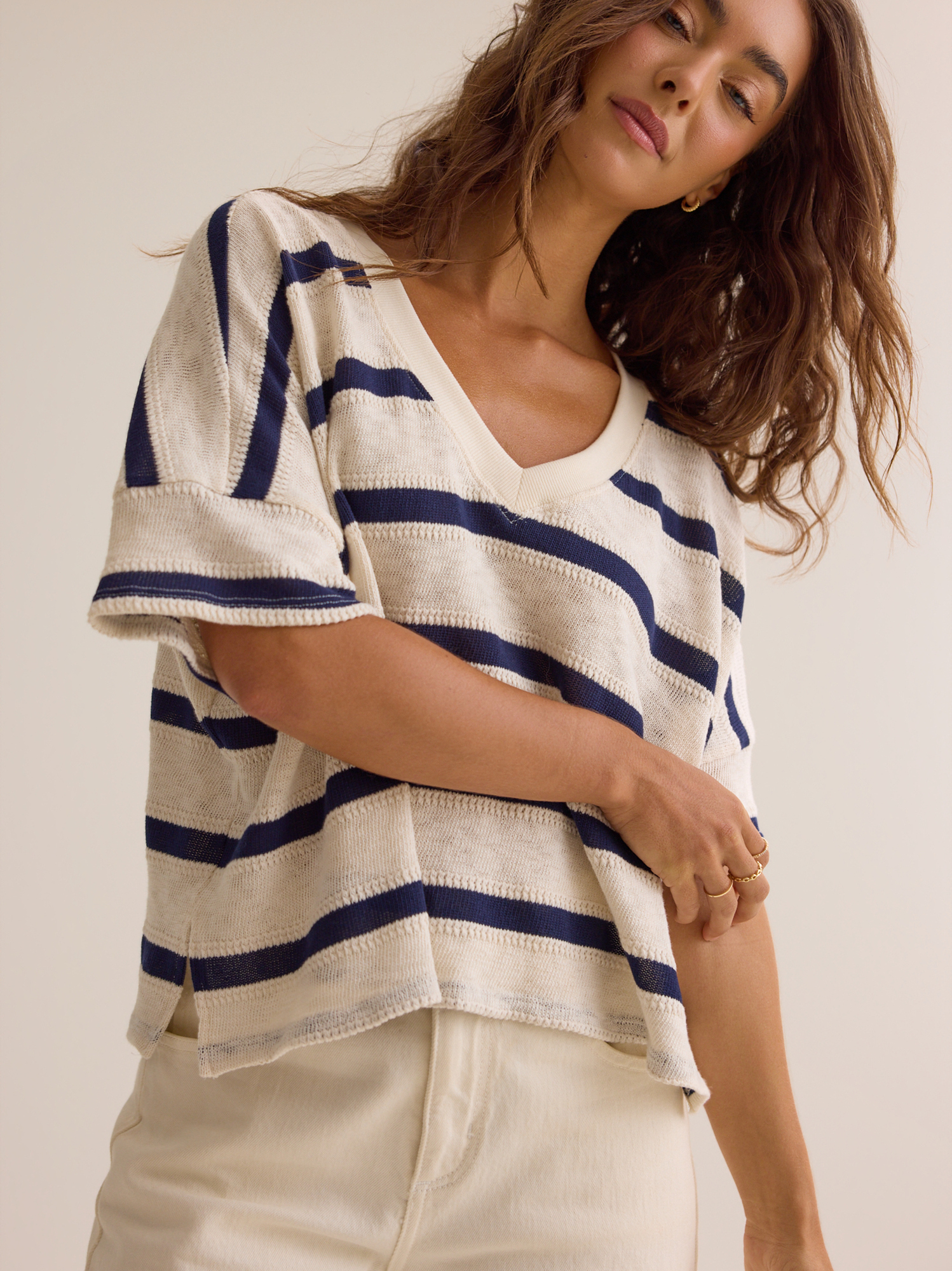 Dylan Striped V-Neck Top in Ivory & Navy | Altar