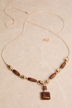 Blythe Long Wooden and Gold Statement Necklace - Altar'd State - 