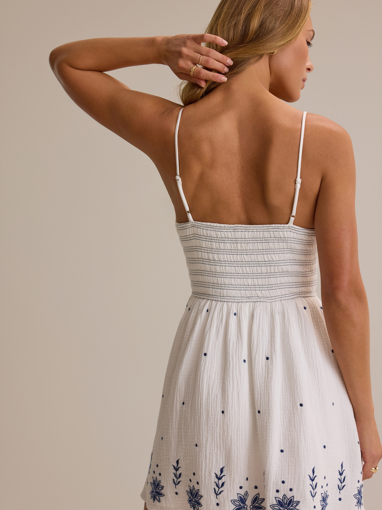 linen corded embroidered strappy woven mini dress Black Linen Corded Embroidered Strappy Woven Mini Dress