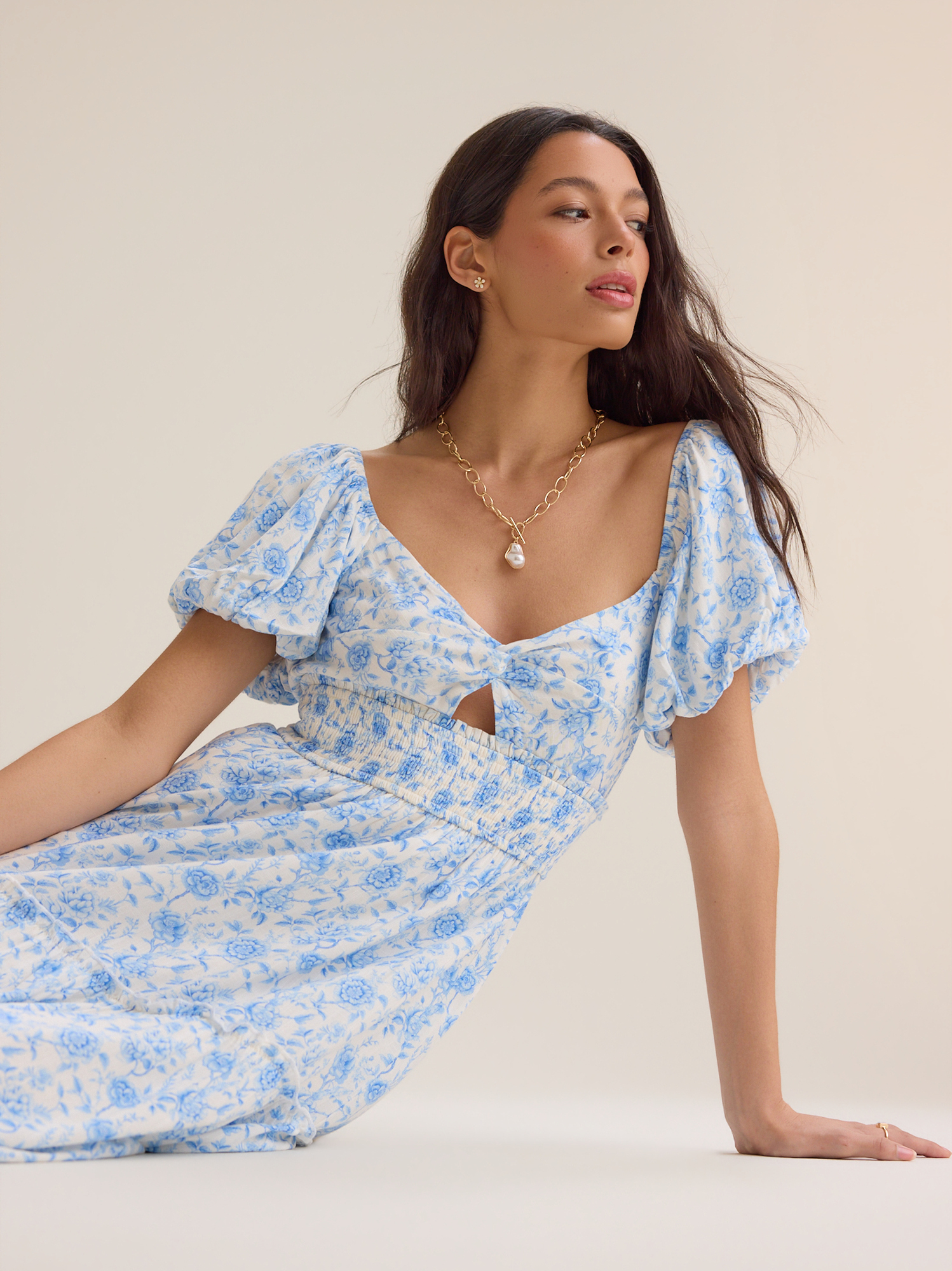 Nala Floral Maxi Dress in Ivory & Blue | Altar'd State
