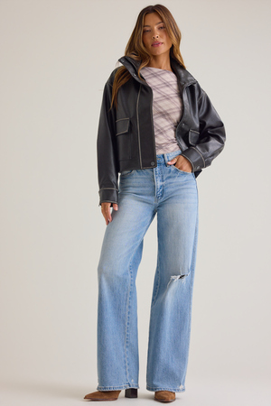 Liza Distressed Faux Leather Bomber Jacket - Altar'd State - 