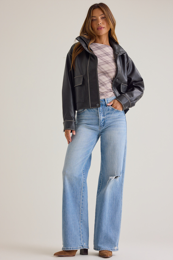 Liza Distressed Faux Leather Bomber Jacket - Altar'd State