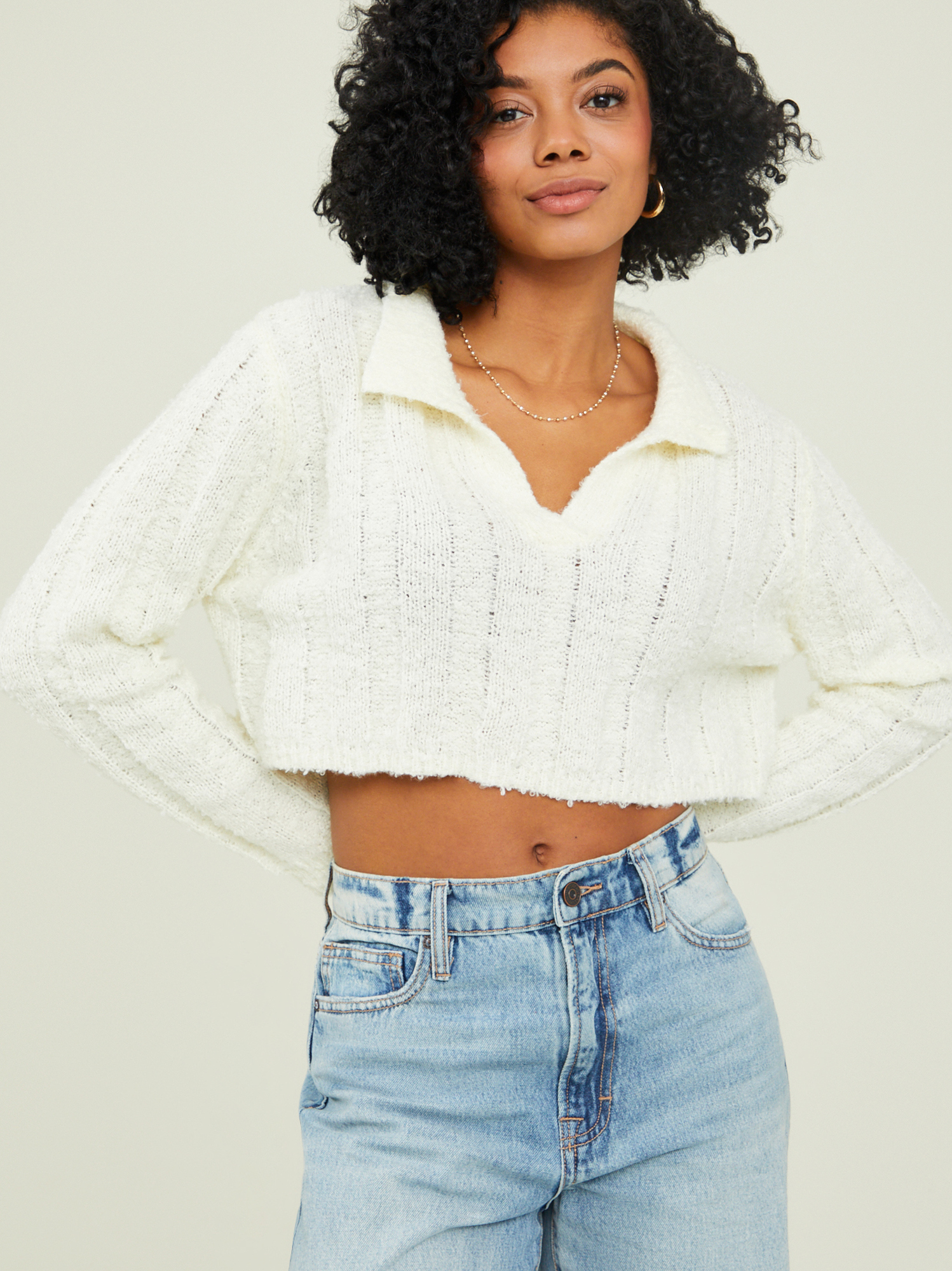 Skylar Collared Cropped Sweater in Cream | Altar'd State