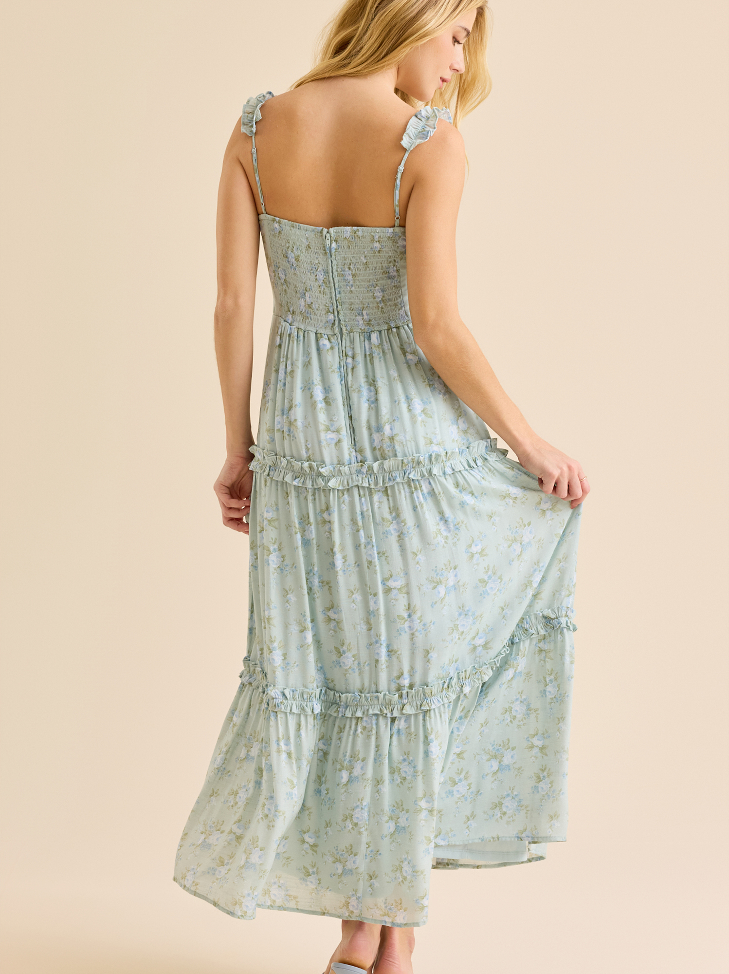 green emerald velvet dress Floral Embroidered Maxi Dress With Sheer Flutter Sleeves In Sage Multi