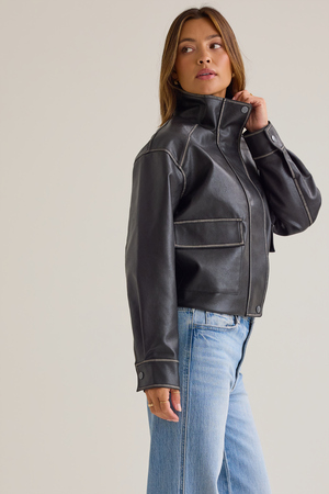 Liza Distressed Faux Leather Bomber Jacket - Altar'd State - 