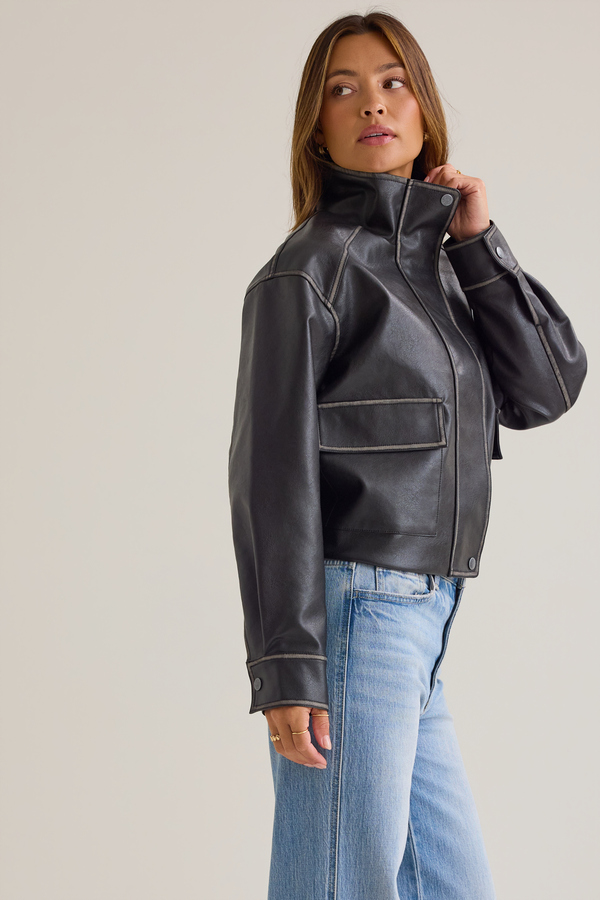 Liza Distressed Faux Leather Bomber Jacket Detail 5 - Altar'd State