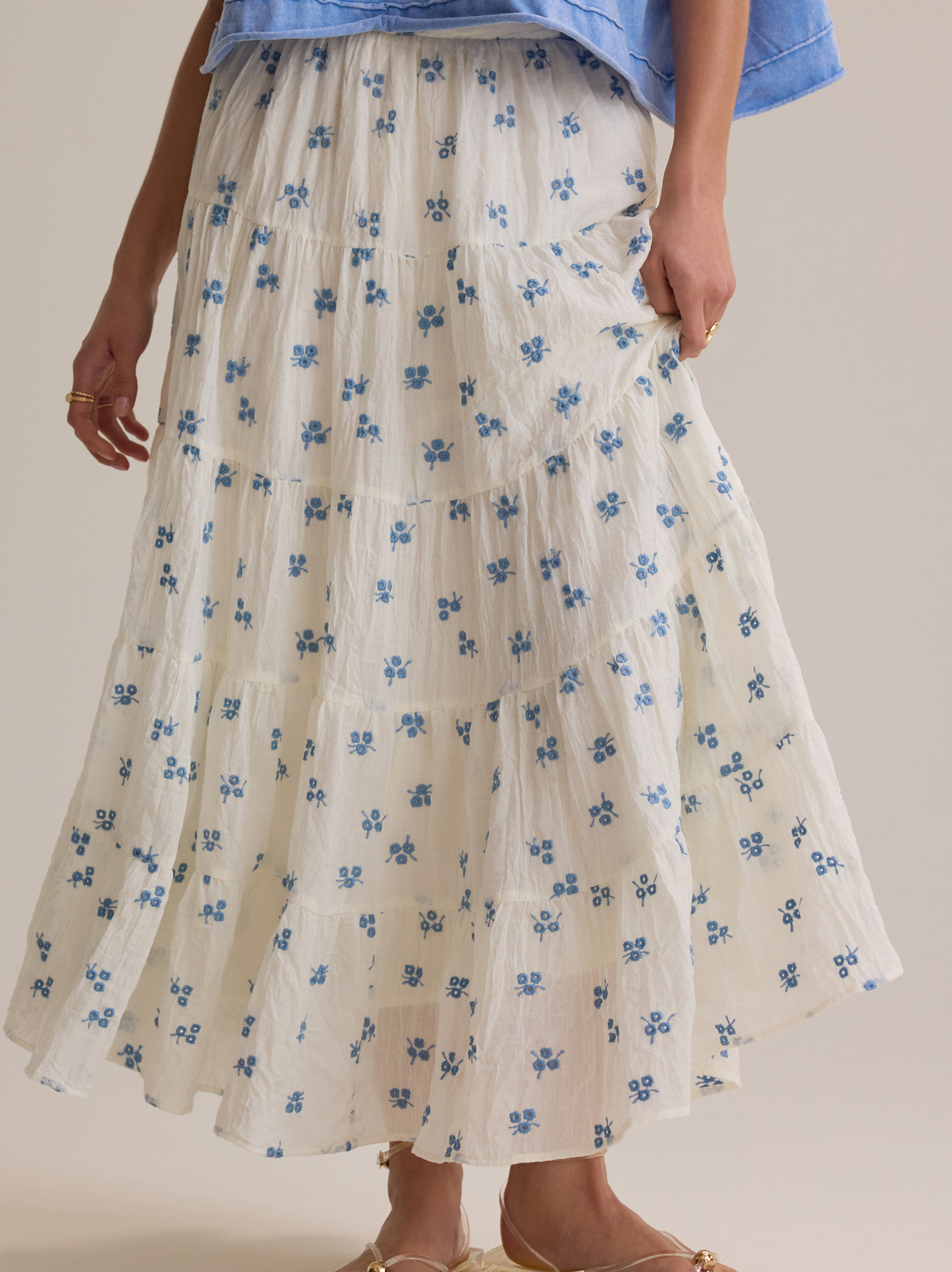 Jackie Embroidered Midi Skirt in Ivory & Blue | Altar'd State