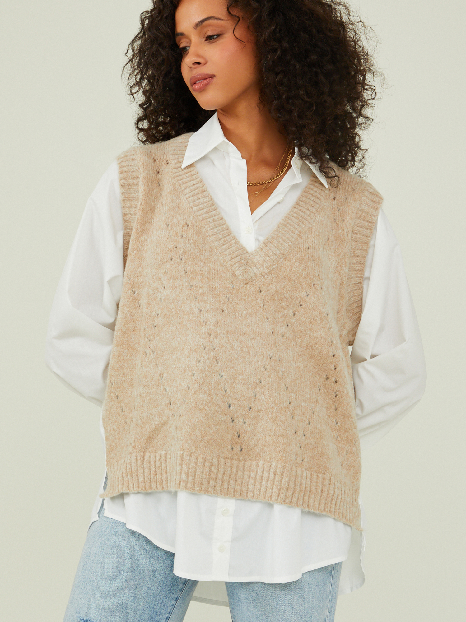 Kienna Layered Buttondown Sweater in Ivory and Taupe | Altar'd State