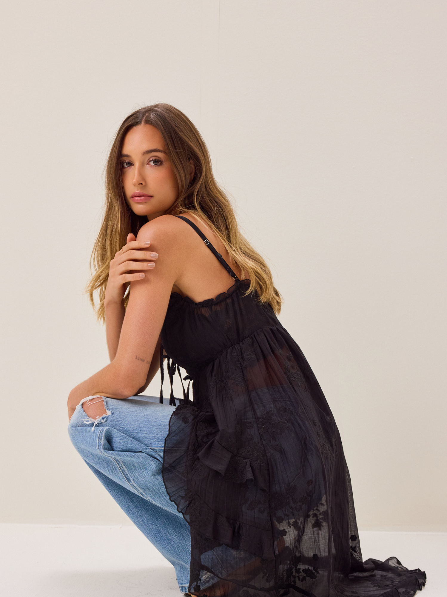 Amiah Ruffle Tie Front Kimono in Black | Altar'd State