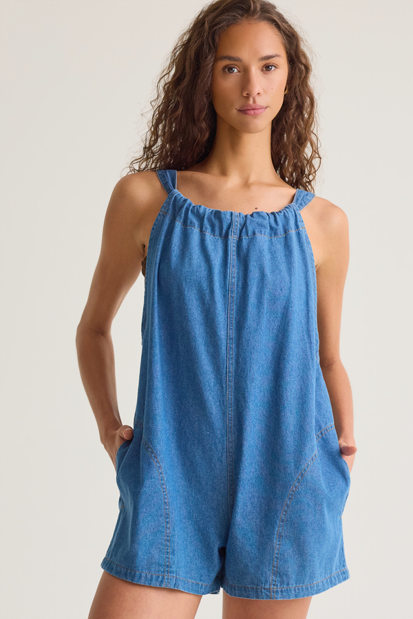 Riley Denim Halter Romper Detail 4 - Altar'd State