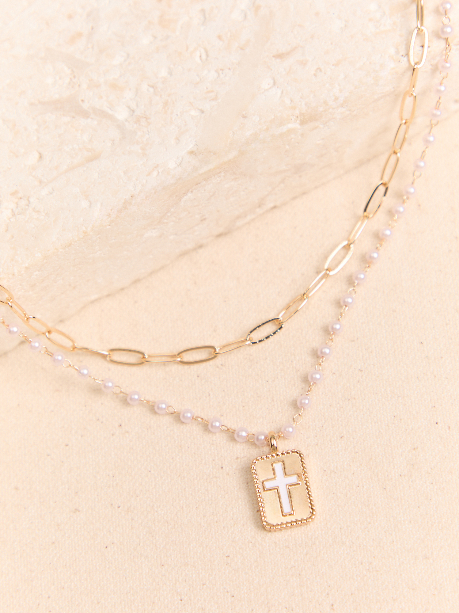 God Is In Control Layered Pearl Cross Necklace in Gold | Altar'd State
