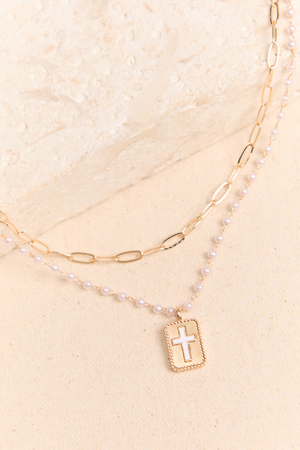 God Is In Control Layered Pearl Cross Necklace - Altar'd State - 