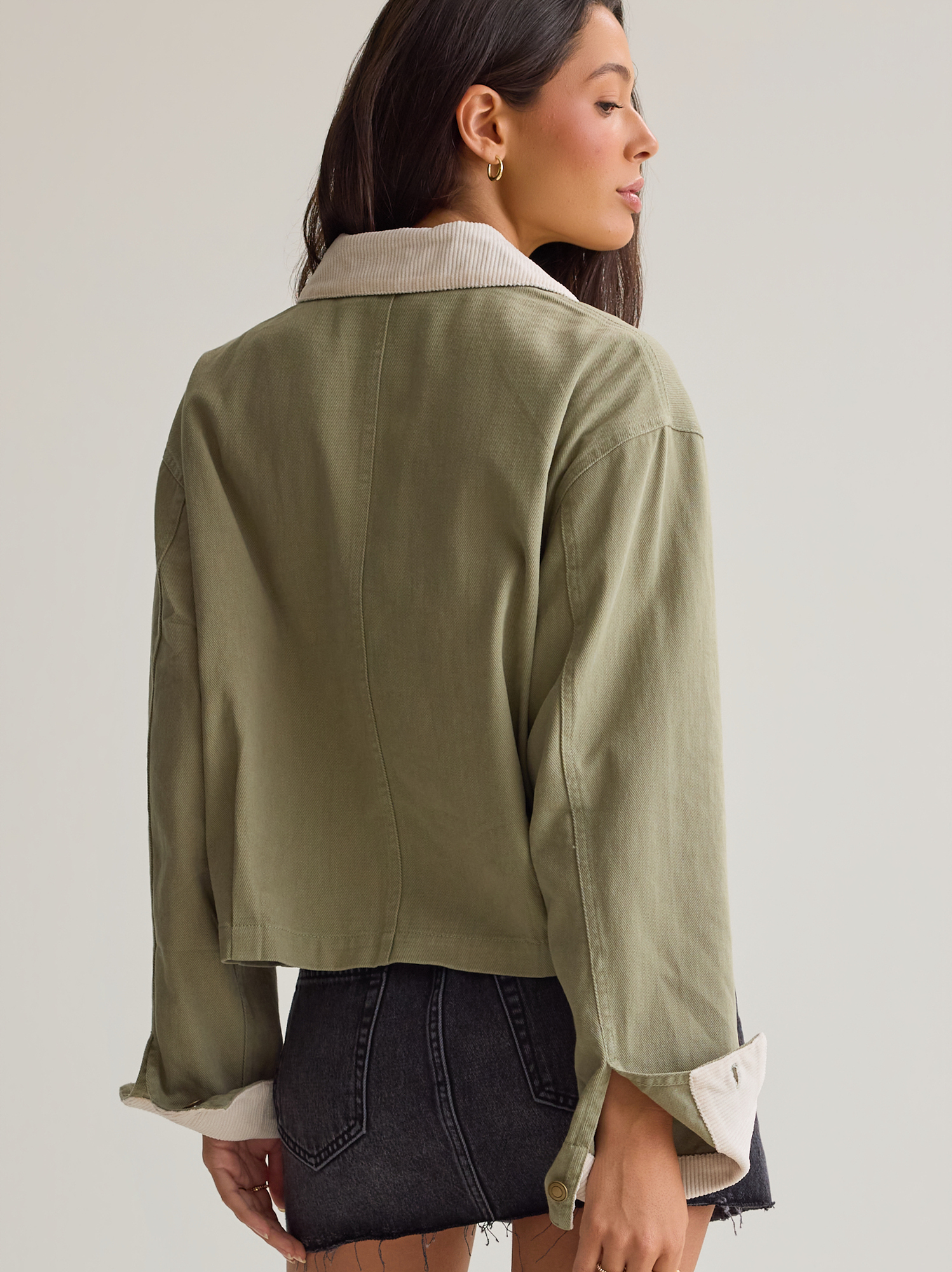 Jayden Cropped Trucker Jacket in Olive Green | Altar'd State