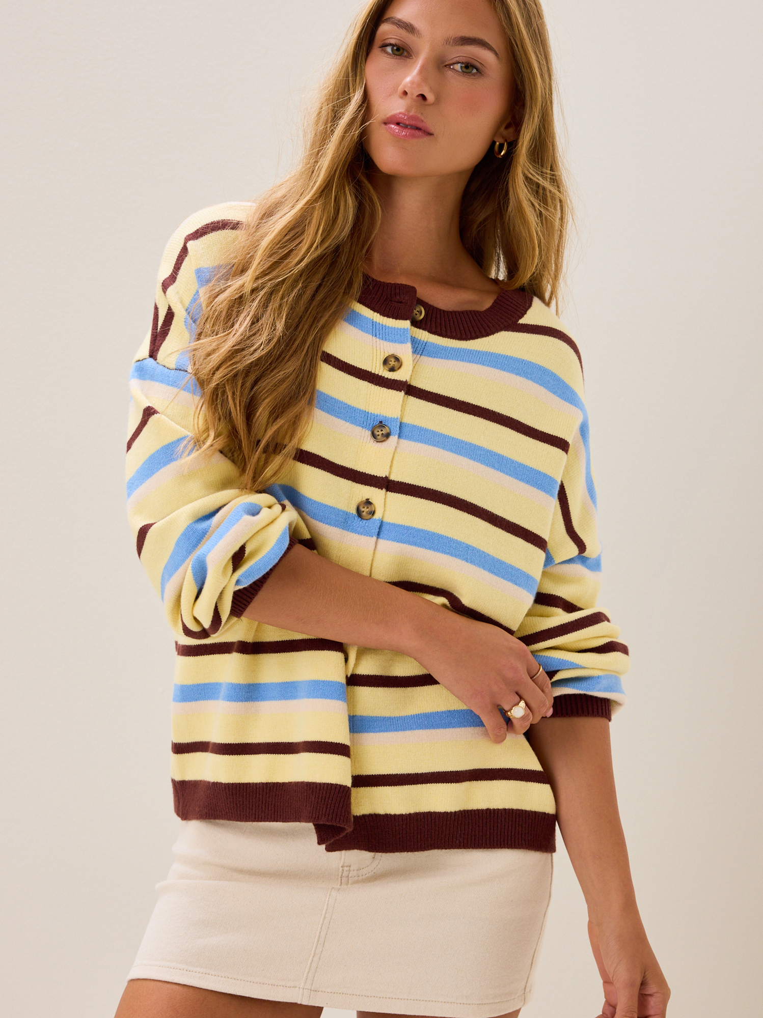 Sarai Stripe Button Up Cardigan in Yellow Multi | Altar'd State
