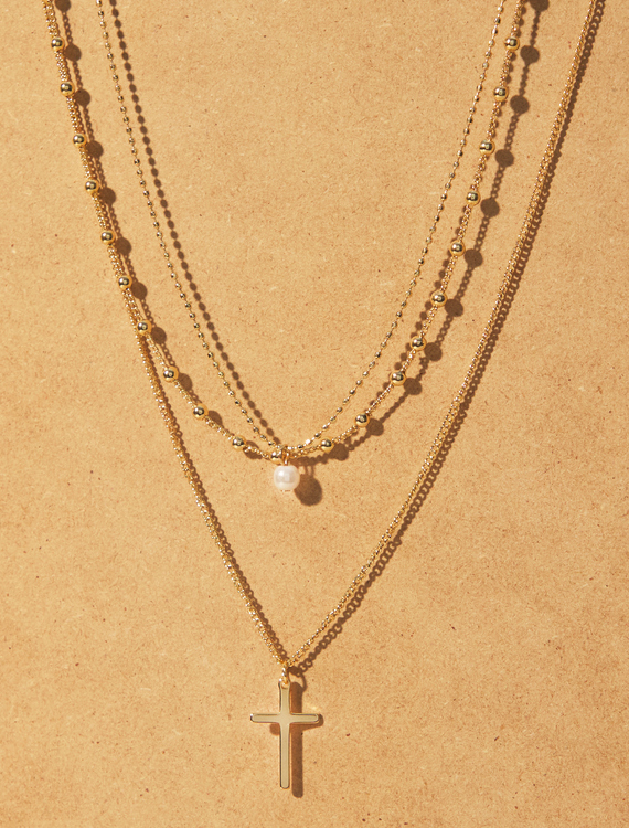 Layered Cross Pearl Necklace Detail 3 - Altar'd State