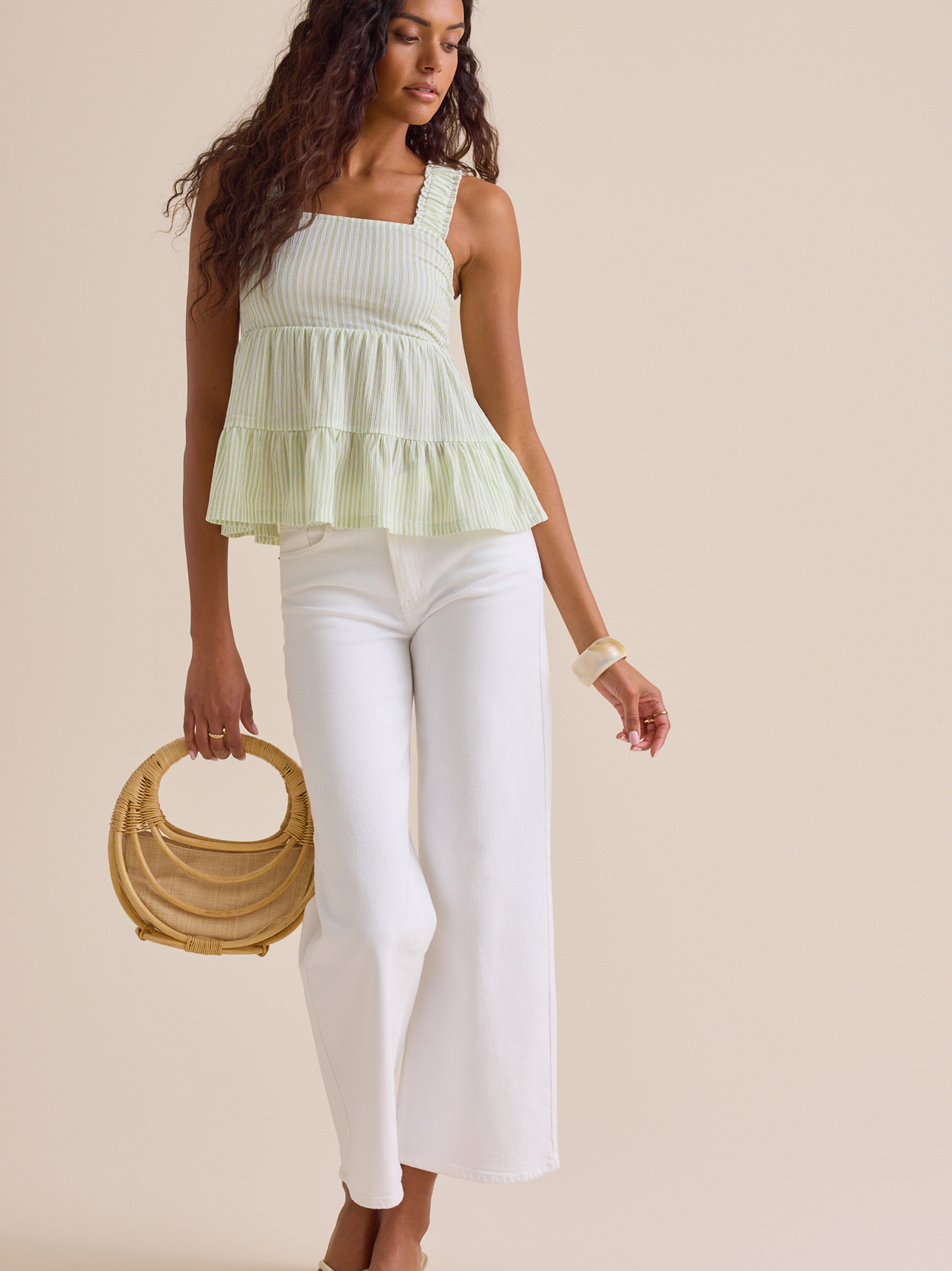Adrianna Striped Babydoll Tank in Sage & White | Altar'd State