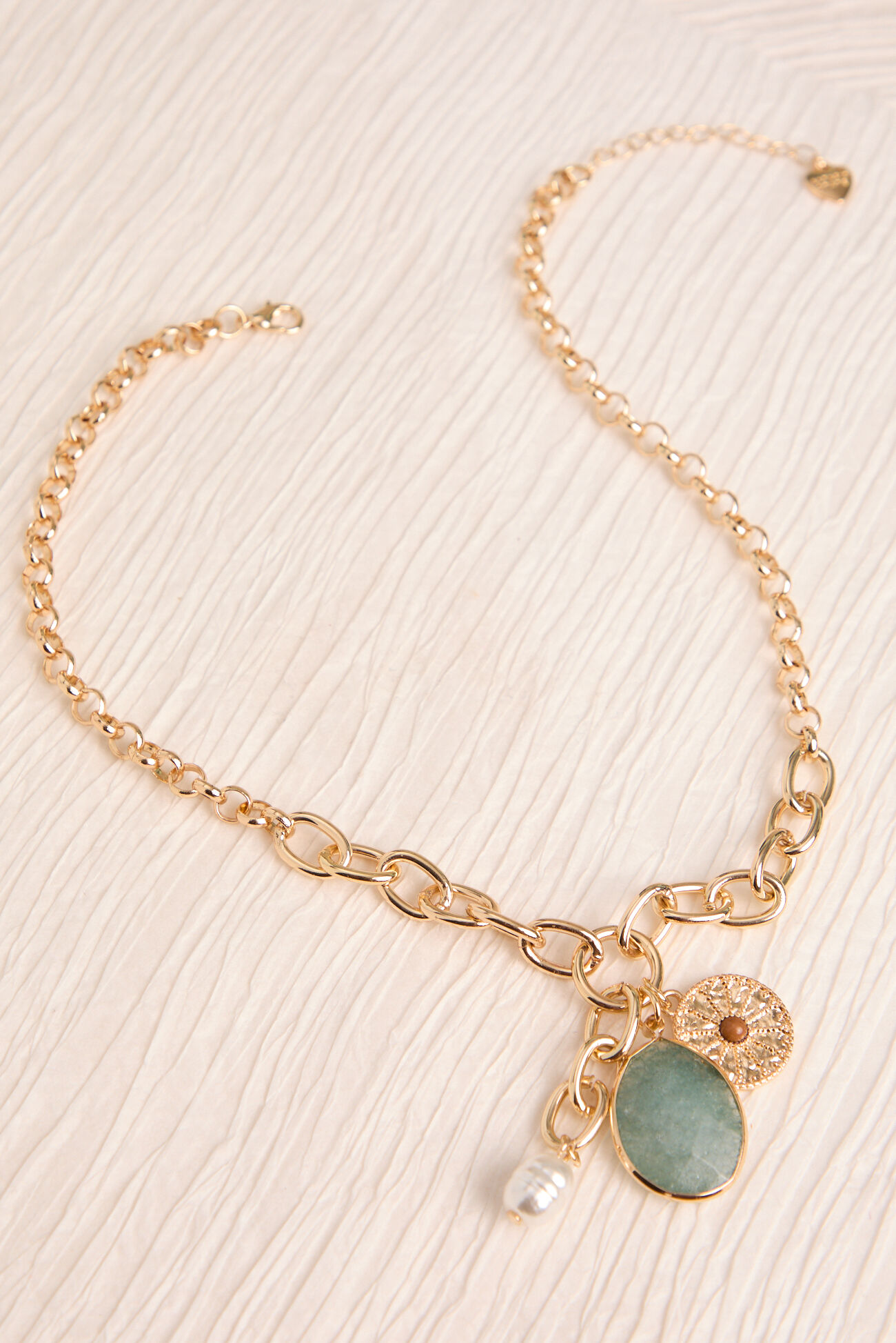 Stone Pearl Coin Charm Necklace