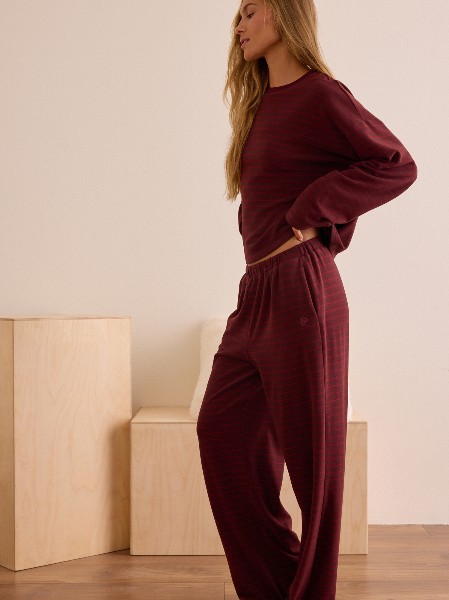 Weekend Stripe Lounge Top in Wine | AS Revival