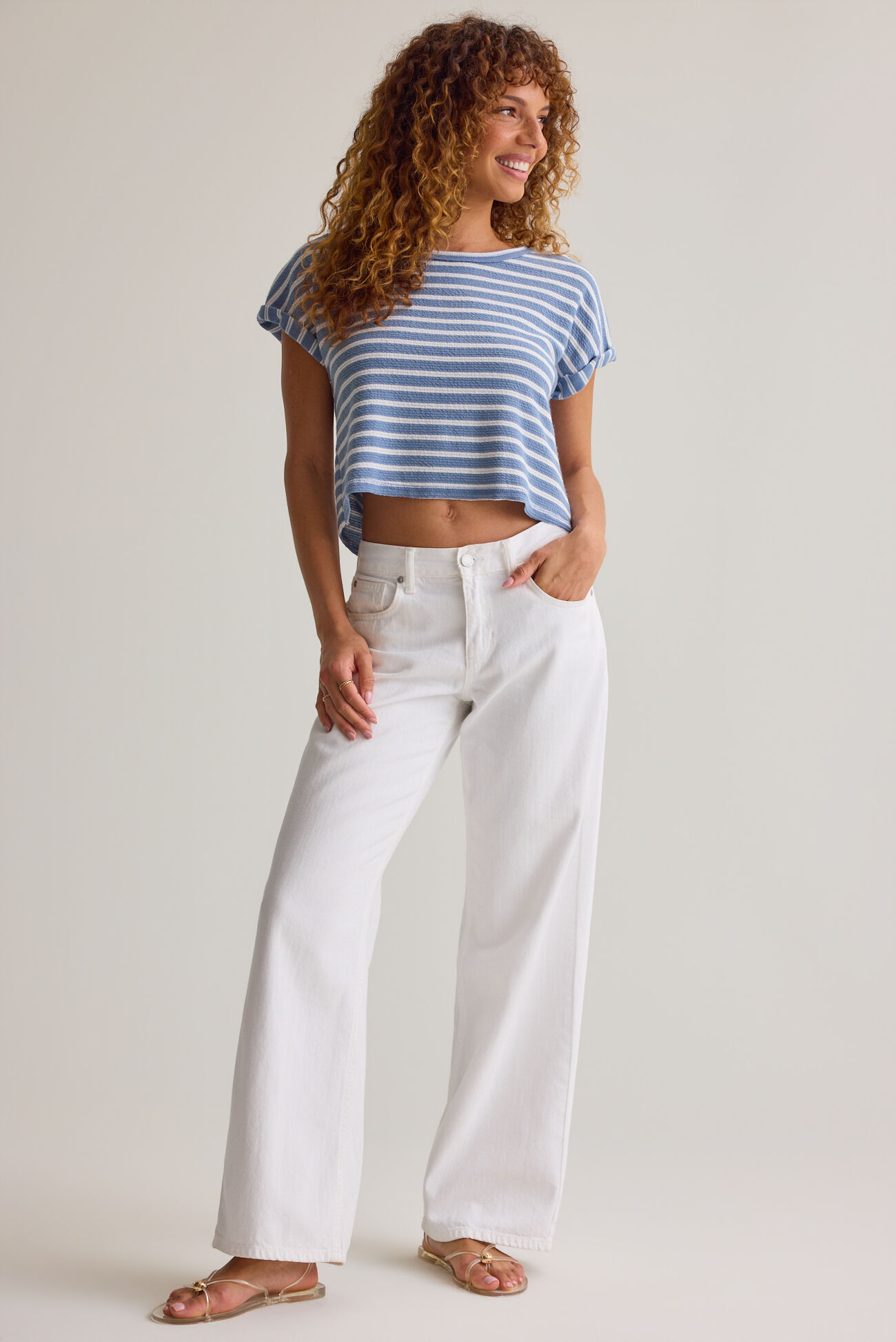 Hattie Stripe Roll Sleeve Crew
