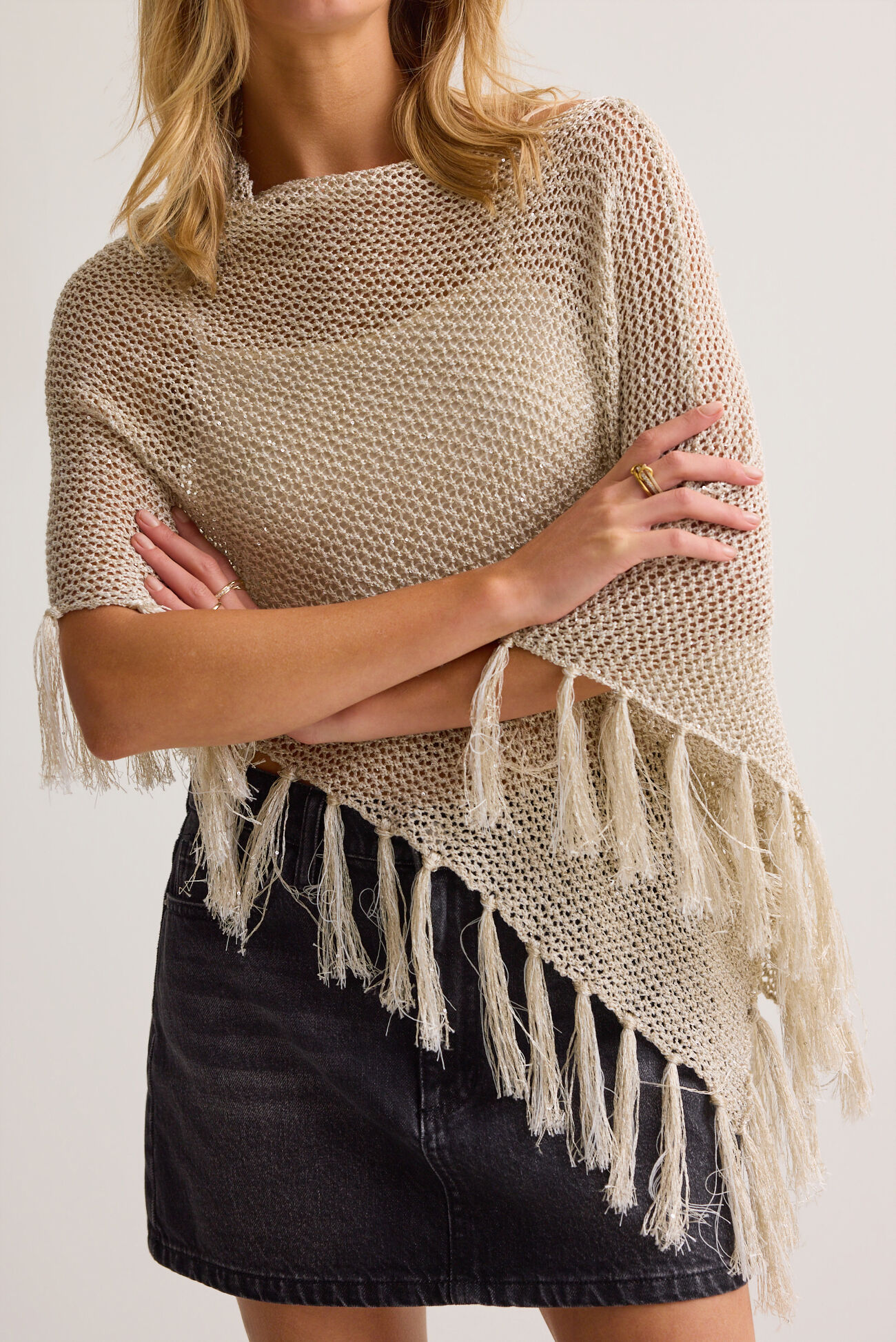 Heather Sequin Fringe Poncho
