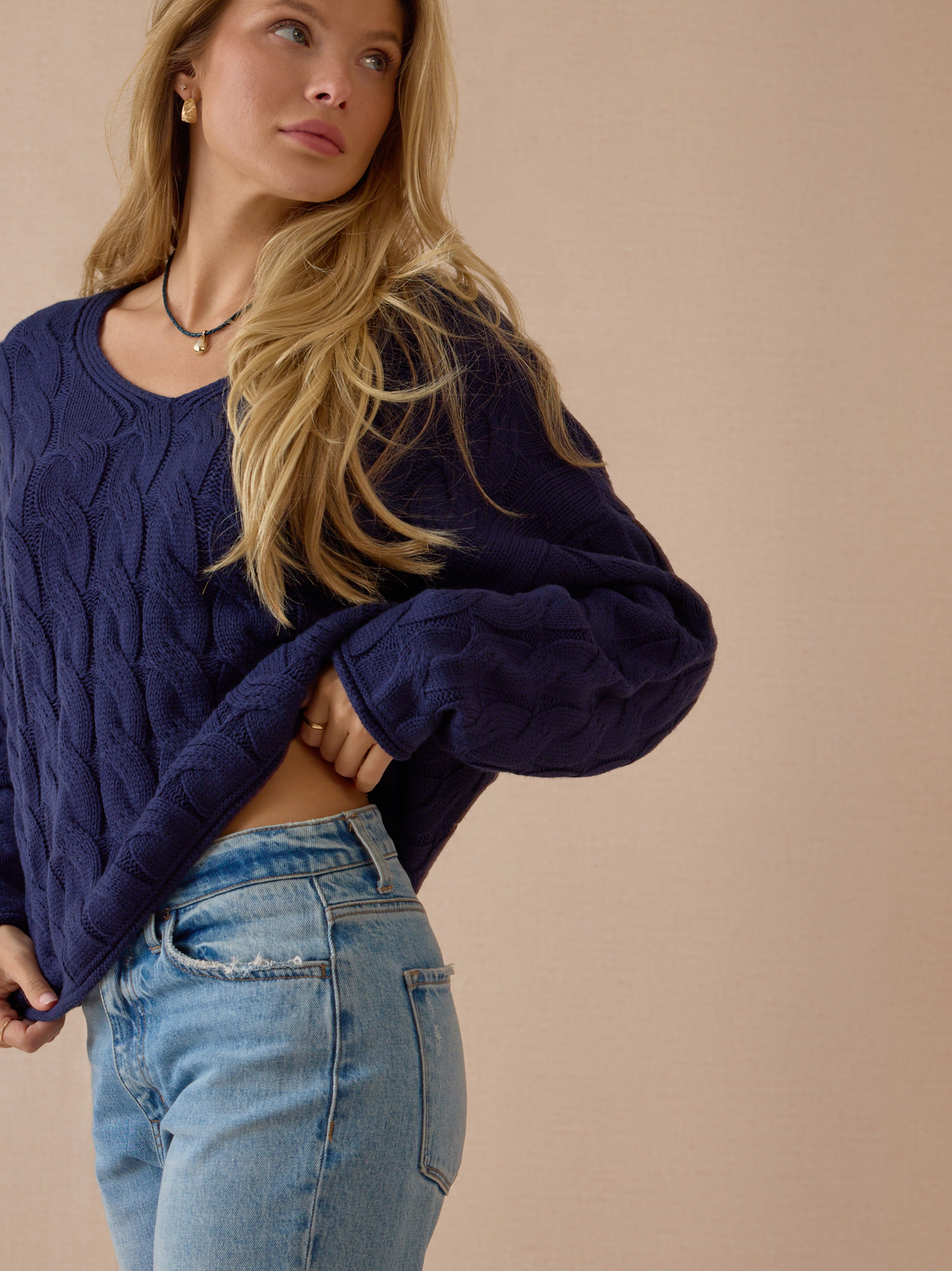 Harper V-Neck Cable Knit Sweater in Navy | Altar'd State