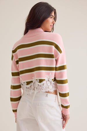 Holli Striped Lace Hem Sweater - Altar'd State - 