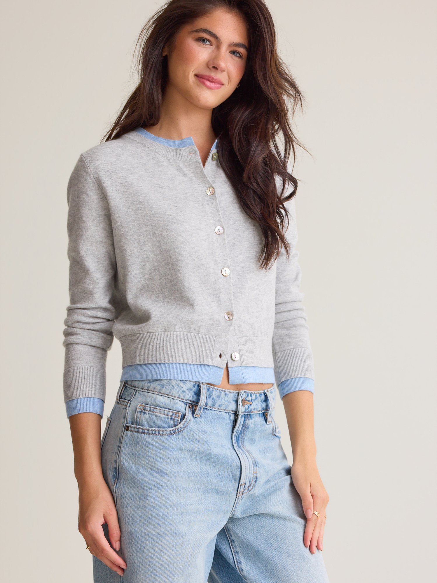 Davina Double Layer Cardigan in Heather Grey & Blue | Altar'd State