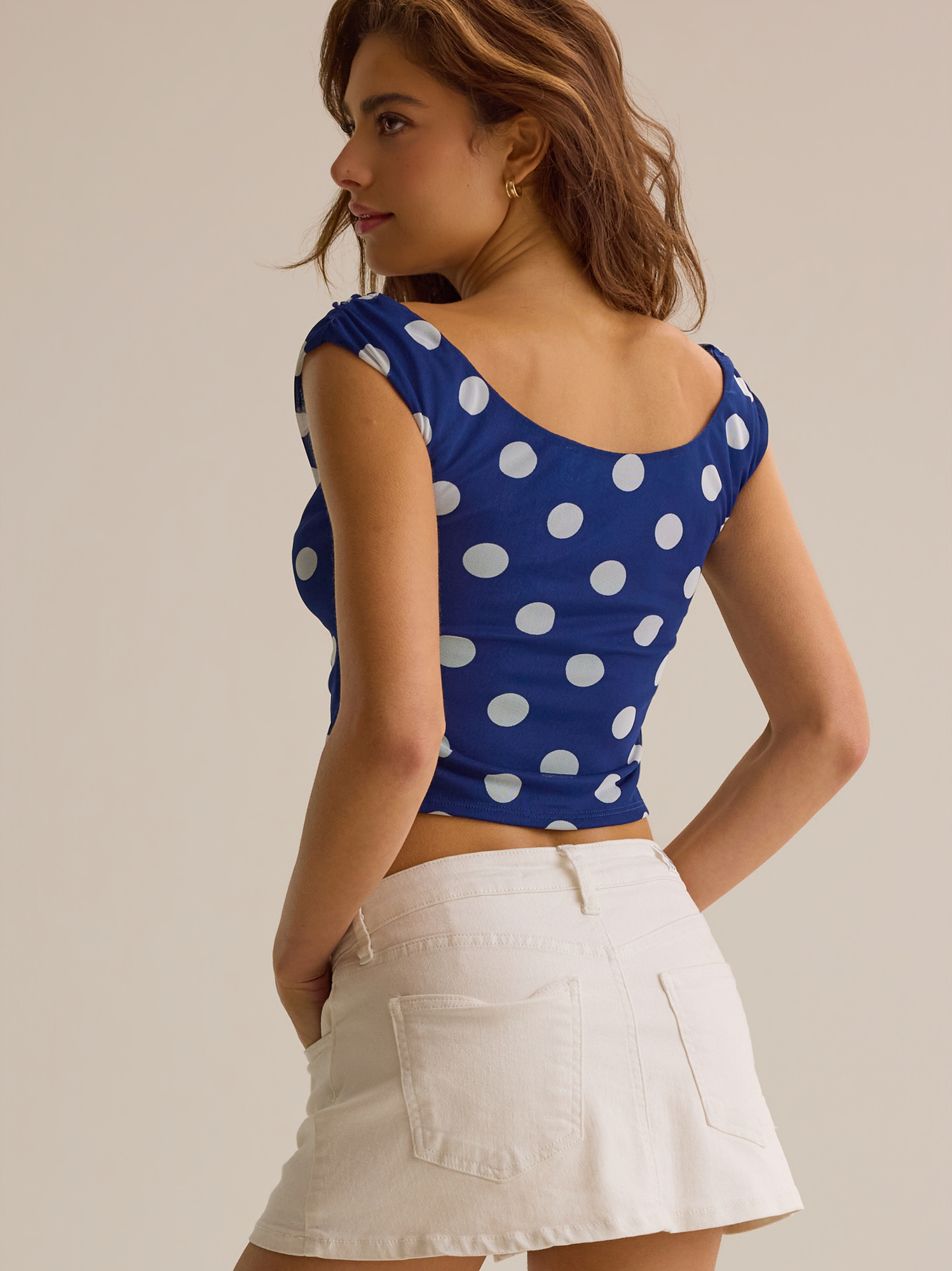 Nola Off-Shoulder Dot Top in Navy & Ivory | Altar'd State