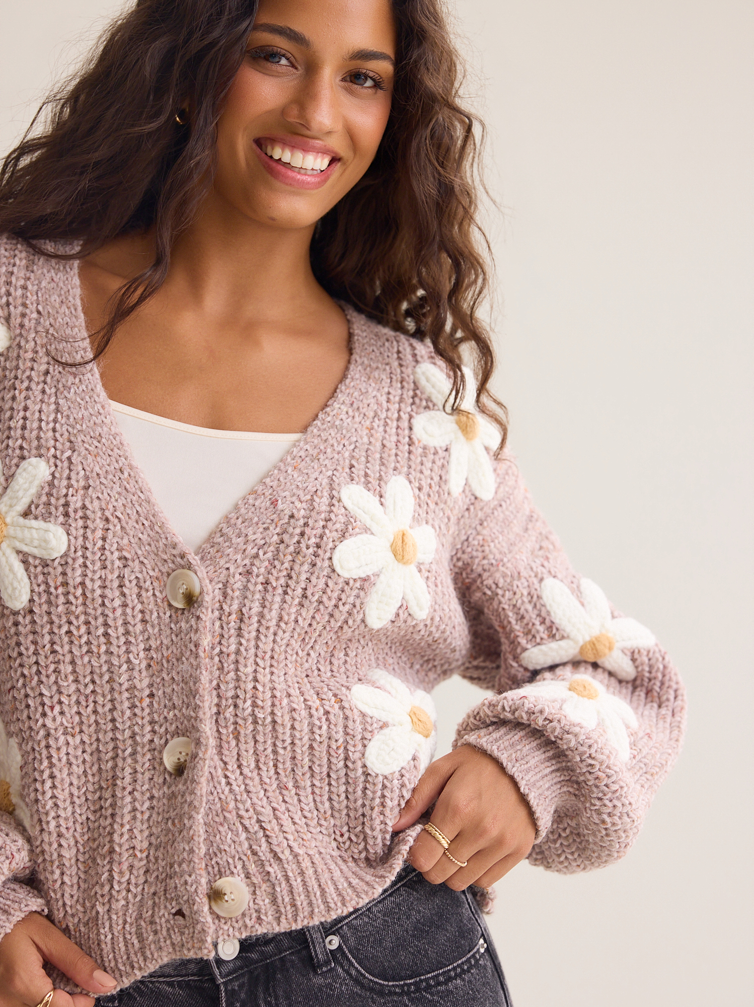 Soraya Daisy-Knit Sweater in Taupe | Altar'd State