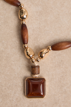 Blythe Long Wooden and Gold Statement Necklace - Altar'd State - 