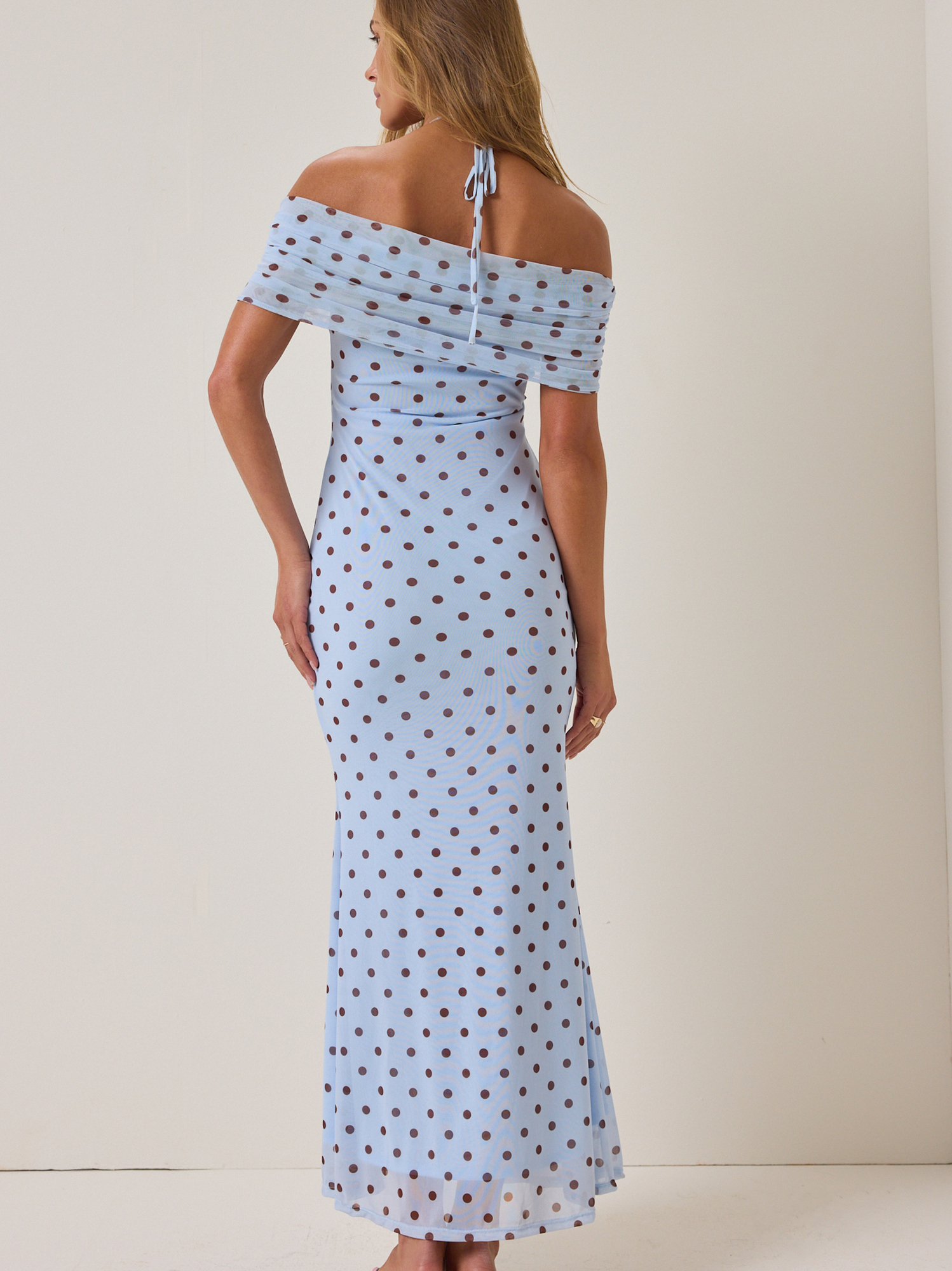 Altar'd State | Thomas Polka Dot Maxi Dress | BLUE-BROWN | Material: 95% Polyester, 5% Spandex, Lining: 100% Polyester | XL
